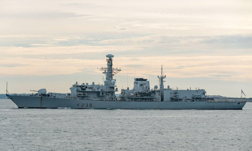 The Royal Navy frigate HMS Northumberland (F238) departing Portsmouth, UK on 7/6/21 for G7 Summit security patrol.