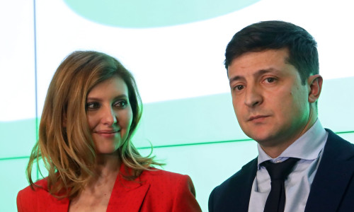 Volodymyr Zelenskyi is seen during the briefing after the announcement of the first exit-poll results