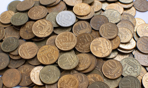 Small Russian coins close-up. Used coins. View from above. Coins in denominations of five, ten, fifty kopecks.