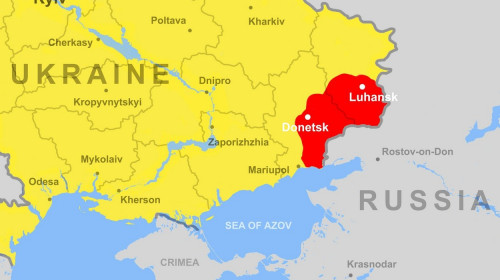 Ukraine on Europe map, Donetsk and Luhansk regions (Donbass). Political outline map with Russia border, Crimea, Black and Azov Seas. Concept of Ukrain