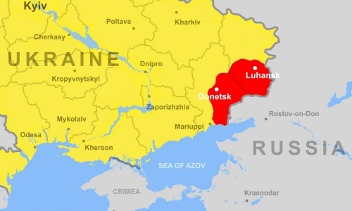 Ukraine on Europe map, Donetsk and Luhansk regions (Donbass). Political outline map with Russia border, Crimea, Black and Azov Seas. Concept of Ukrain