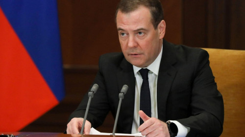 Moscow Region, Russia. 18th Feb, 2022. Dmitry Medvedev, Deputy Chairman of the Russian Security Council, Chairman of the United Russia Party, holds a meeting on an international cybercrime control framework, via video link from his Gorki residence. Credit