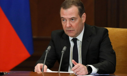 Moscow Region, Russia. 18th Feb, 2022. Dmitry Medvedev, Deputy Chairman of the Russian Security Council, Chairman of the United Russia Party, holds a meeting on an international cybercrime control framework, via video link from his Gorki residence. Credit