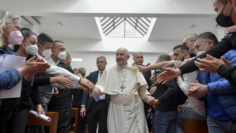 Pope Francis celebrates the Holy Mass In Coena Domani, Civitavecchia Prision, Rome, Italy - 14 Apr 2022