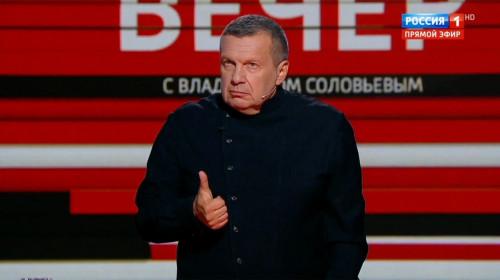 TV presenter Vladimir Solovyov on air of the Evening with Vladimir Solovyov talk-show on Rossiya-1 TV channel, August 11, 2022
