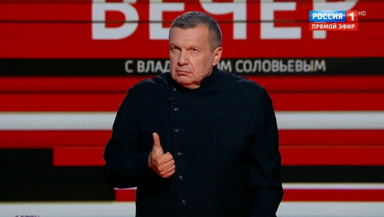 TV presenter Vladimir Solovyov on air of the Evening with Vladimir Solovyov talk-show on Rossiya-1 TV channel, August 11, 2022