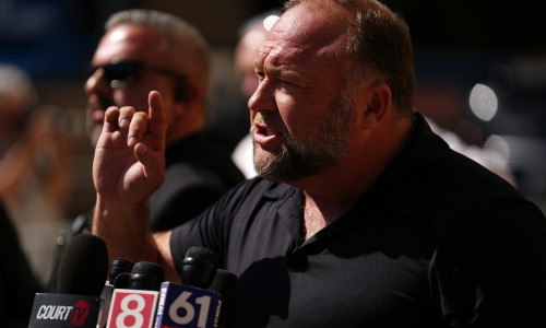 Alex Jones Speaks To The Media Outside The Sandy Hook Trial In Waterbury, Connecticut