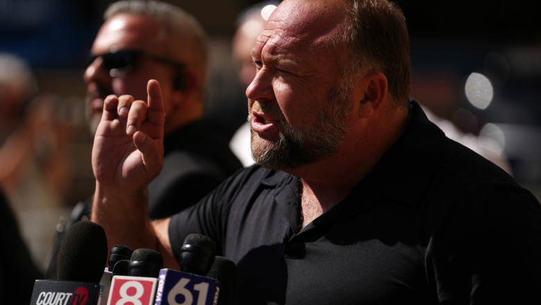 Alex Jones Speaks To The Media Outside The Sandy Hook Trial In Waterbury, Connecticut