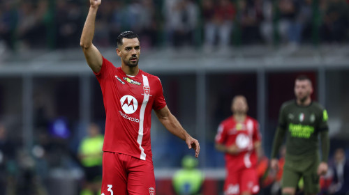 Pablo Mari of Ac Monza gestures during the Serie A match beetween Ac Milan and Ac Monza at Stadio Giuseppe Meazza on October 22, 2022 in Milan, Italy .