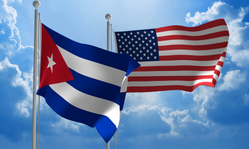 Cuba,And,United,States,Flags,Flying,Together,For,Diplomatic,Talks