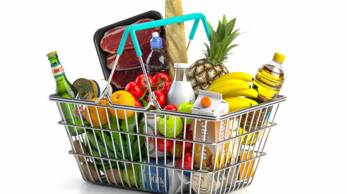 Shopping,Basket,Full,Of,Variety,Of,Grocery,Products,,Food,And