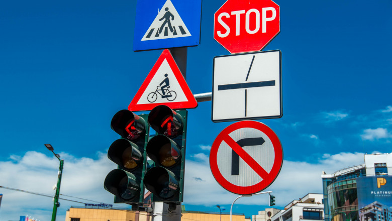 Brasov,,Romania-,06,August,2020:,Traffic,Street,Signs,,,Semaphore