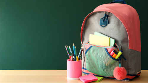 Stylish,Backpack,And,Different,School,Stationery,On,Wooden,Table,Near