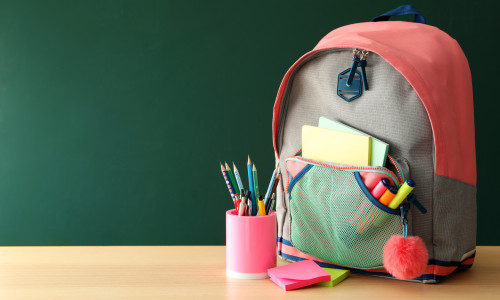 Stylish,Backpack,And,Different,School,Stationery,On,Wooden,Table,Near