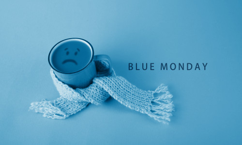 Blue,Cup,With,Scarfcoffee,On,Blue,Background.,Blue,Monday,Concept