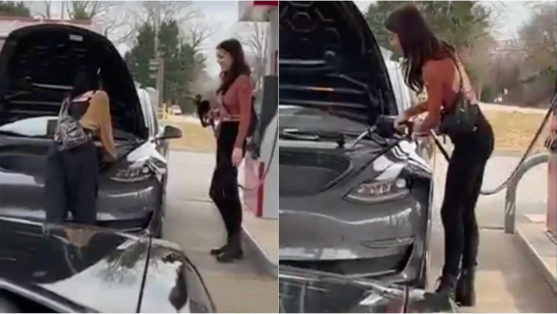 Două femei au încercat să alimenteze o Tesla cu benzină/ Captură video