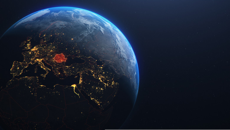 Earth,Globe,Romania,Map,Red,Highlight,,Planet,Earth,In,Space,