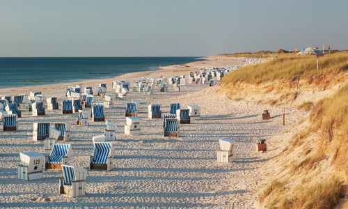 Beach,With,Strandkorbs,(beach,Basket,Chairs),And,Dunes,In,Evening