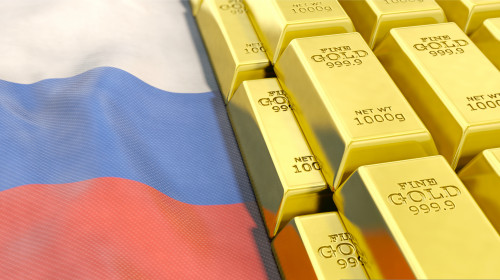 3d,Illustration,,Gold,Bars,On,Russia,Flag