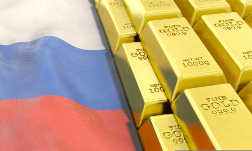 3d,Illustration,,Gold,Bars,On,Russia,Flag