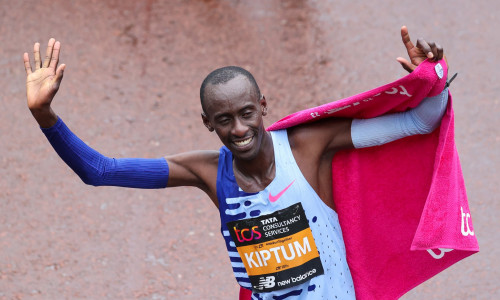 The Elite mens first, second and third places at the London Marathon, in London. UK. 23rd April 2023