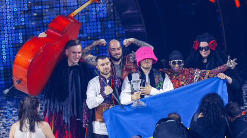 Turin, Italy. 15th May, 2022. The Kalush Orchestra from Ukraine rejoices over winning the Eurovision Song Contest (ESC). The international music competition is held for the 66th time. There are 25 songs in the final out of the original 40 musical entries.