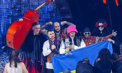 Turin, Italy. 15th May, 2022. The Kalush Orchestra from Ukraine rejoices over winning the Eurovision Song Contest (ESC). The international music competition is held for the 66th time. There are 25 songs in the final out of the original 40 musical entries.