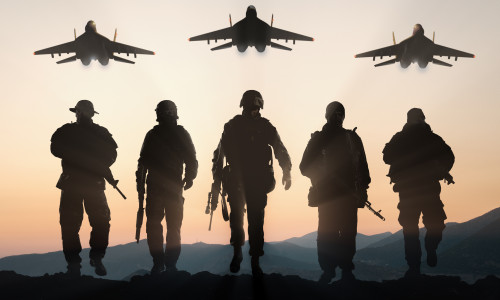 Military,Silhouettes,Of,Soldiers,And,Airforce,Against,The,Backdrop,Of