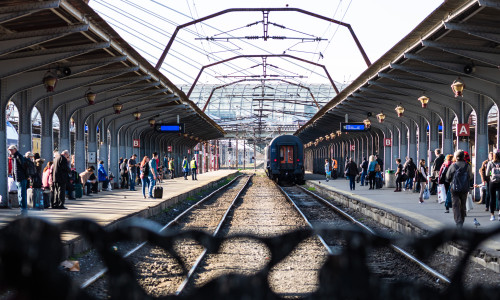 Train,In,Motion,Or,At,Train,Platform,At,Bucharest,North