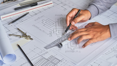 Architect,Engineer,Contractor,Design,Working,Drawing,Sketch,Plan,Blueprint,And