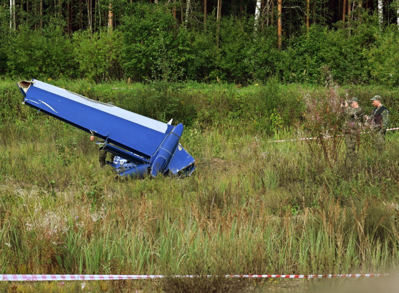 The crash site of the Embraer Legacy private business jet, owned by Yevgeny Prigozhin's Wagner Group, in the village of Kuzhenkino, Bologovsky District, Tver Region.