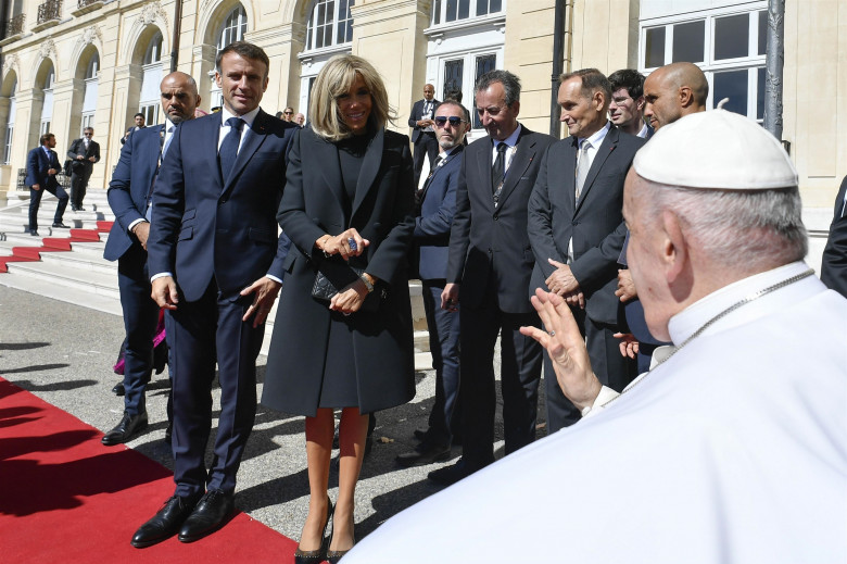 Pope Francis meets with the French President Emmanuel Macron at the Palais du Pharo in the southern port city of Marseille.