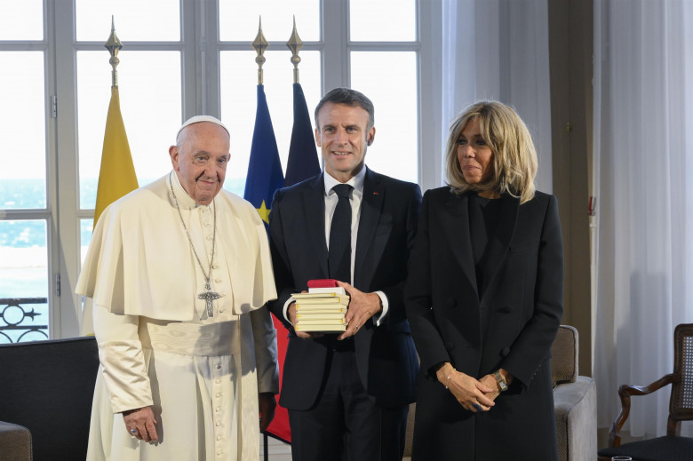 Pope Francis meets with the French President Emmanuel Macron at the Palais du Pharo in the southern port city of Marseille.