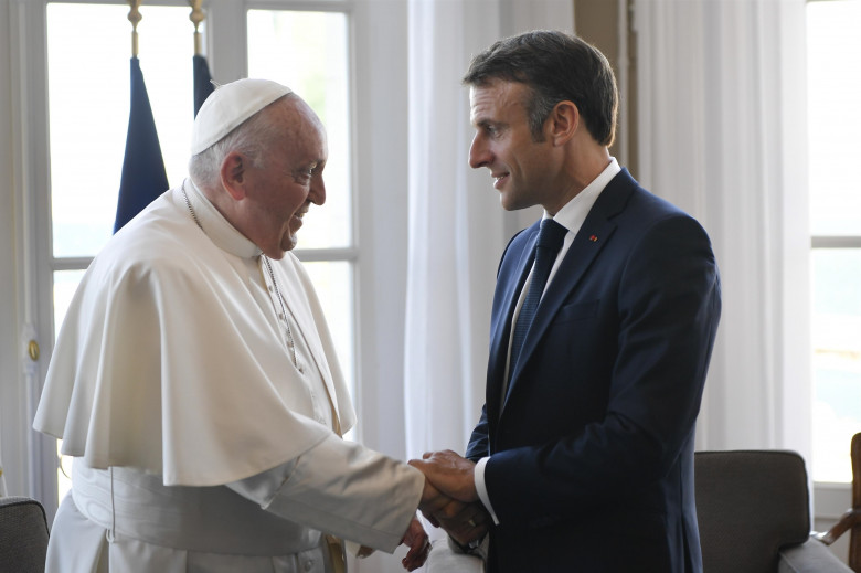 Pope Francis meets with the French President Emmanuel Macron at the Palais du Pharo in the southern port city of Marseille.