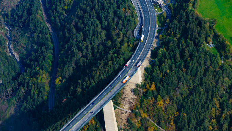 Flight,Over,Highway,A22,Brennerautobahn,In,Tirol,,Austria