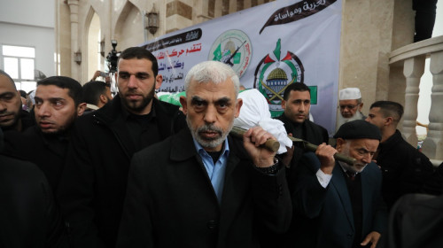 Yehya Sinwar, leader of the Palestinian Islamic Movement (Hamas) in the Gaza Strip attends the funeral of father of the commander-in-chief of the Izz al-Din al-Qassam Brigades, the military wing of Hamas Mohammed Deif, Khan Younis, Gaza Strip, Palestinian