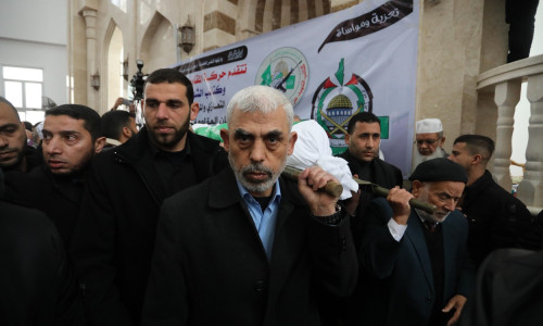 Yehya Sinwar, leader of the Palestinian Islamic Movement (Hamas) in the Gaza Strip attends the funeral of father of the commander-in-chief of the Izz al-Din al-Qassam Brigades, the military wing of Hamas Mohammed Deif, Khan Younis, Gaza Strip, Palestinian
