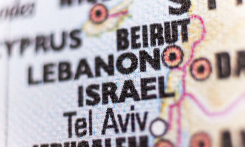 Lebanon and Israel on a map of the world.