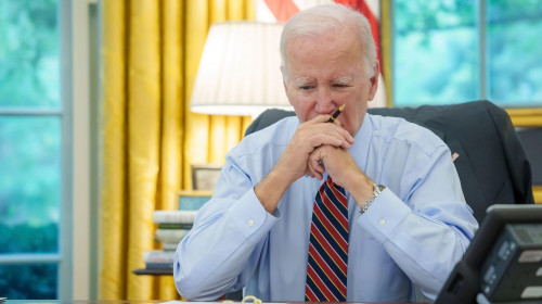 President Joe Biden participates in a phone call with Quint leaders Emmanuel Macron of France, Prime Minister Giorgia Meloni of Italy, Chancellor Olaf Scholz of Germany and United Kingdom Prime Minister Rishi Sunak, Monday, October 9, 2023, in the Treaty