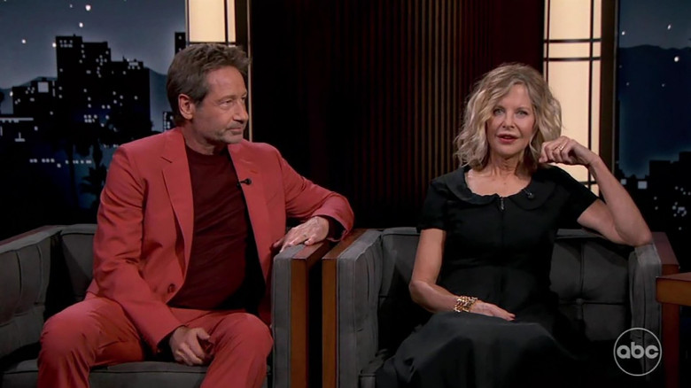 Meg Ryan returns to Hollywood after an eight year break as she appears alongside David Duchovny to promote their new R-rated rom-com What Happens Later on Jimmy Kimmel Live!