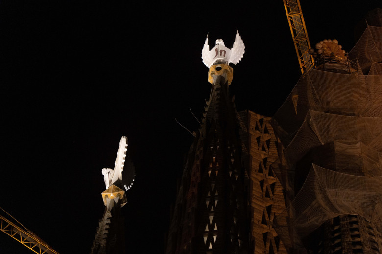 Lighting Sagrada Familia Towers, Barcelona, Spain - 12 Nov 2023