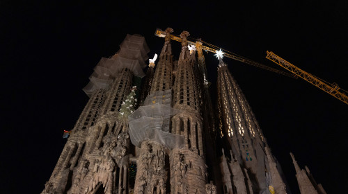 Lighting Sagrada Familia Towers, Barcelona, Spain - 12 Nov 2023