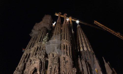 Lighting Sagrada Familia Towers, Barcelona, Spain - 12 Nov 2023