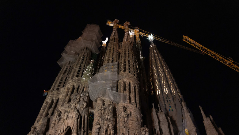 Lighting Sagrada Familia Towers, Barcelona, Spain - 12 Nov 2023
