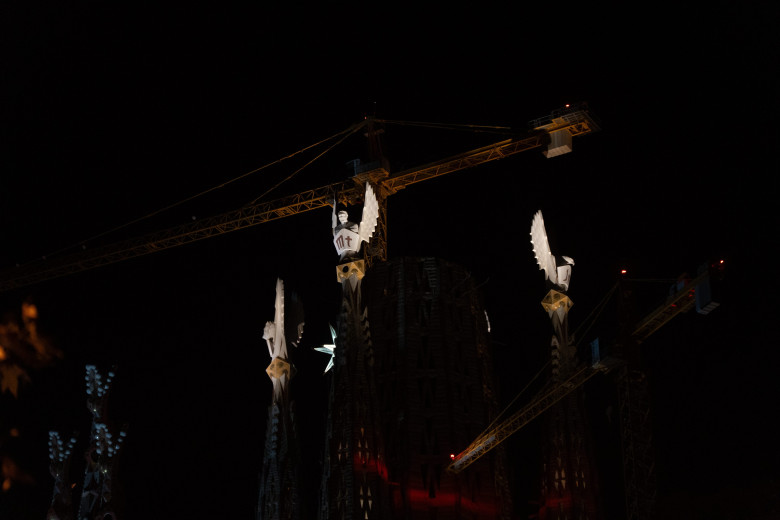 Lighting Sagrada Familia Towers, Barcelona, Spain - 12 Nov 2023