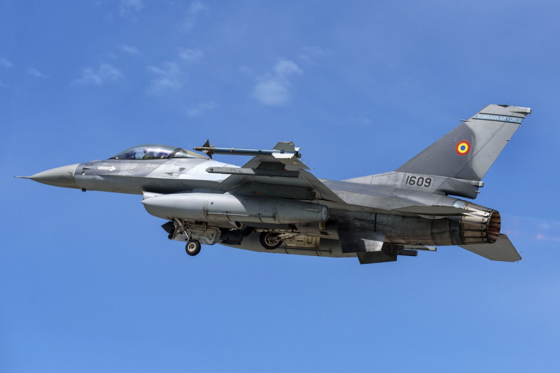 Romanian Air Force F-16AM Fighting Falcon, improved to mid-life upgrade (MLU) 5.2R standard,taking off from the 86thÂ Air Base, Borcea, Romania, home of the 53rd Fighter Squadron.,Image: 777203497, License: Rights-managed, Restrictions: Rights to be cleared for artworks not in public domain. No model release., Model Release: no