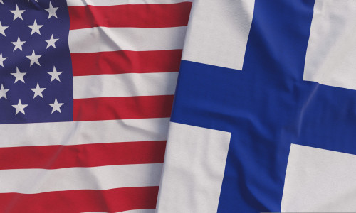 Flags,Of,Usa,And,Finland.,Linen,Flags,Close-up.,Flag,Made