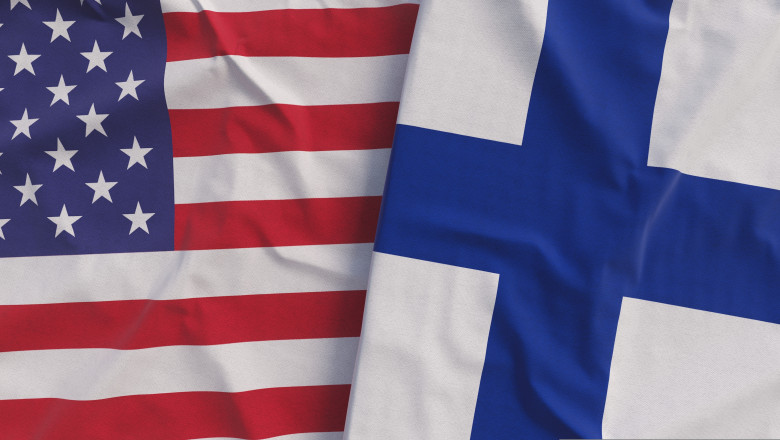 Flags,Of,Usa,And,Finland.,Linen,Flags,Close-up.,Flag,Made