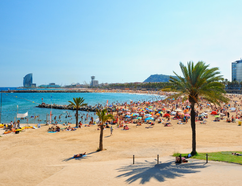 View,Of,Barcelona,Beach,On,A,Summer,Day