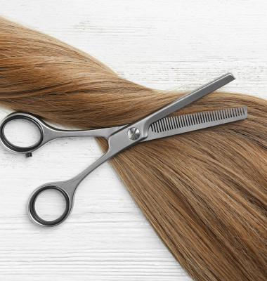 Flat,Lay,Composition,With,Light,Brown,Hair,And,Thinning,Scissors